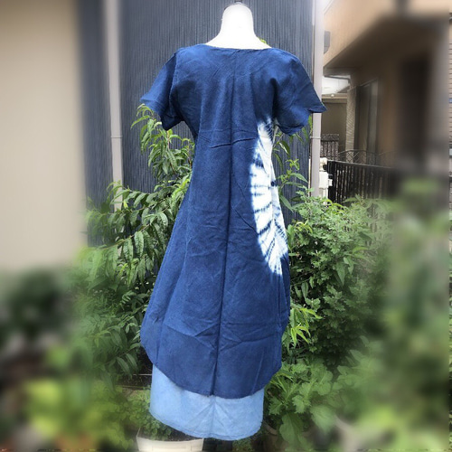 藍染 Indigo インディゴ 半袖 ワンピース ロング マキシ 夏 フレア