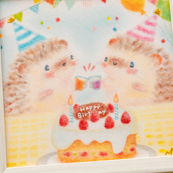 【複製画】「ハリネズミさんのお誕生日パーティー」　パステルアート　動物　かわいい　ハッピーバースデー　イラスト 2枚目の画像