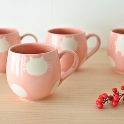 丸マグカップ（桜ピンク）白ねこ水玉【受注制作】 6枚目の画像