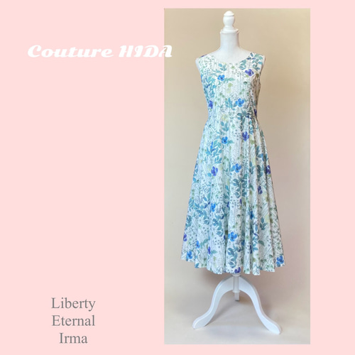 ☆リバティ イルマ ブルー たっぷりフレア ノースリーブワンピース