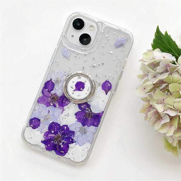 『千鳥草＆紫陽花』 iPhone15Pro/SE/Xperia5V/GALAXYS24 押し花ケース 2枚目の画像
