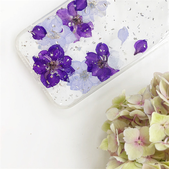 『千鳥草＆紫陽花』 iPhone15Pro/SE/Xperia5V/GALAXYS24 押し花ケース 9枚目の画像