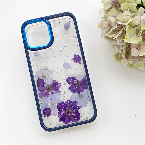『千鳥草＆紫陽花』 iPhone15Pro/SE/Xperia5V/GALAXYS24 押し花ケース 4枚目の画像