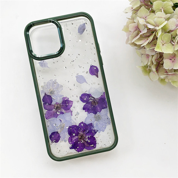『千鳥草＆紫陽花』 iPhone15Pro/SE/Xperia5V/GALAXYS24 押し花ケース 5枚目の画像