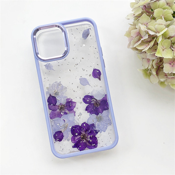 『千鳥草＆紫陽花』 iPhone15Pro/SE/Xperia5V/GALAXYS24 押し花ケース 6枚目の画像