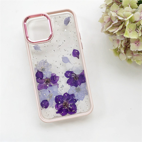 『千鳥草＆紫陽花』 iPhone15Pro/SE/Xperia5V/GALAXYS24 押し花ケース 8枚目の画像