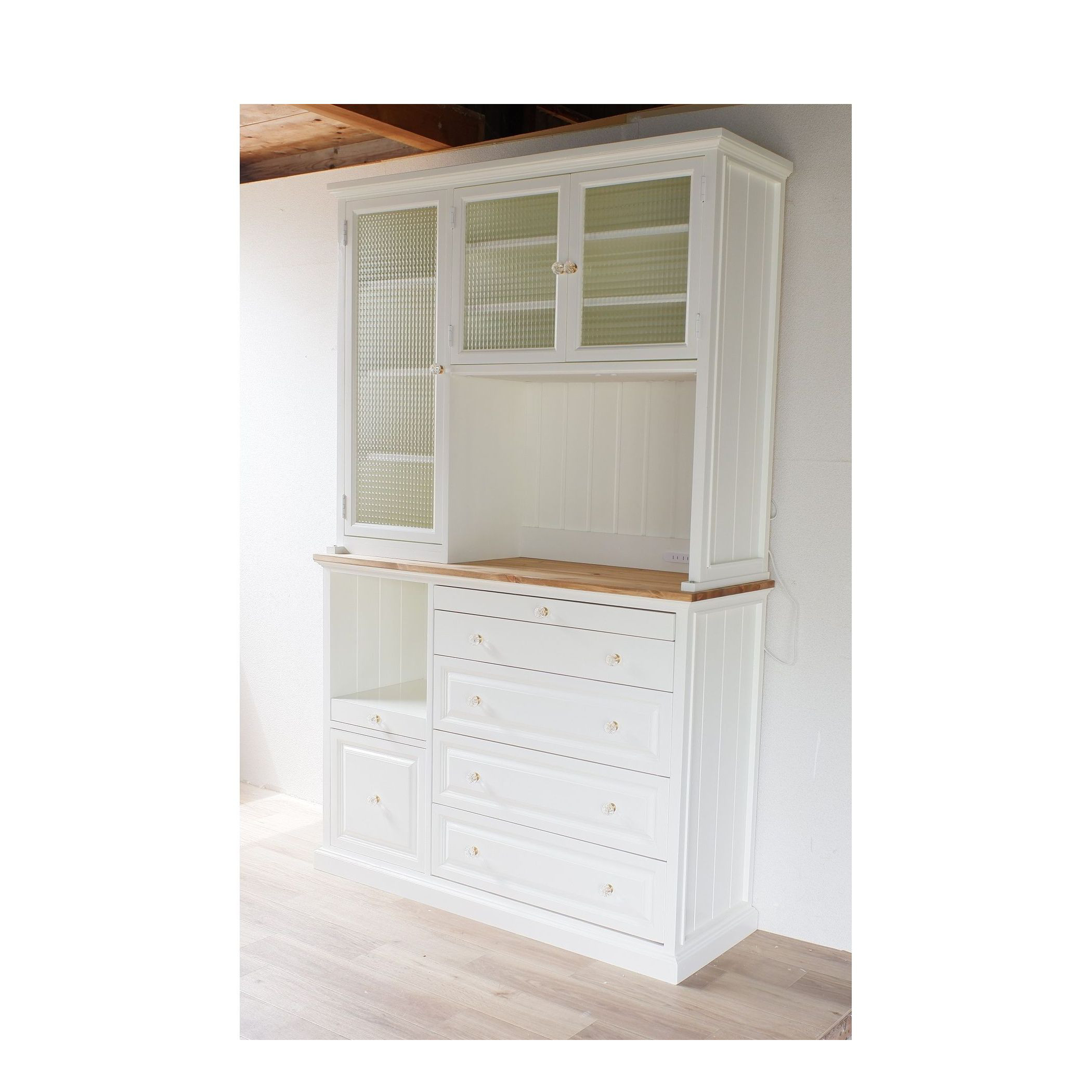 チェッカーガラスの食器棚（食器棚4）ミルキーホワイト×ナチュラル