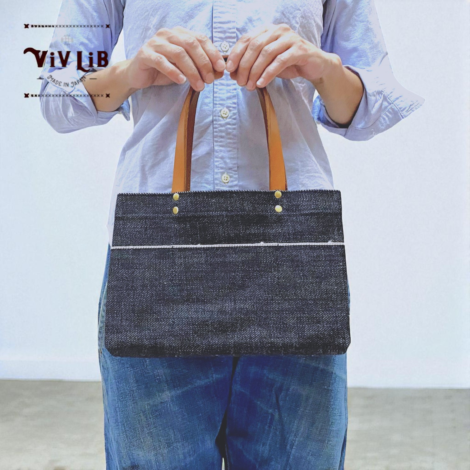 お散歩ミニトート・ヘビーオンスセルビッチ岡山デニム×イタリア本革/丈夫で上品、男女兼用・普段使いにも
