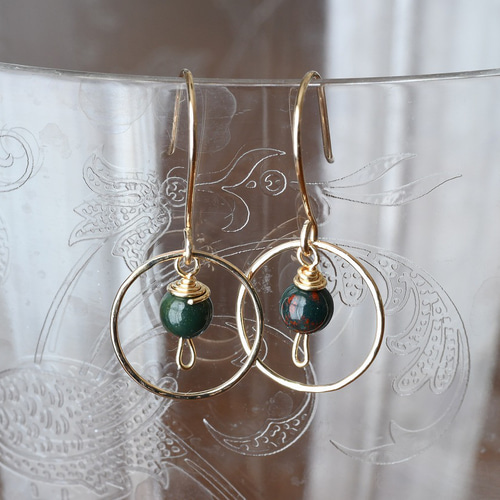 金色の環〜ブラッドストーン～ ピアス（フック・チェーン） アトリエ