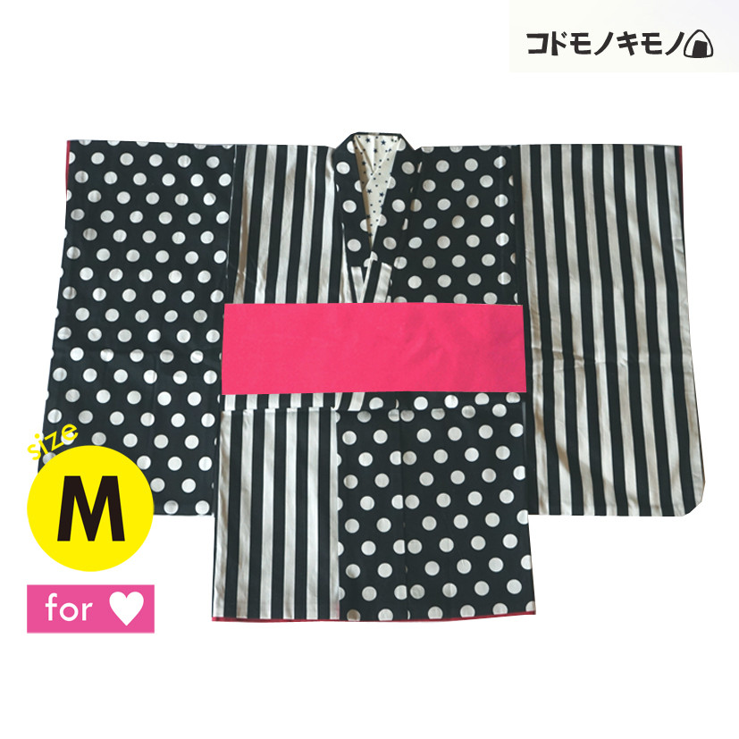 【M】ドット＆ストライプ着物 黒 振袖 12,920円