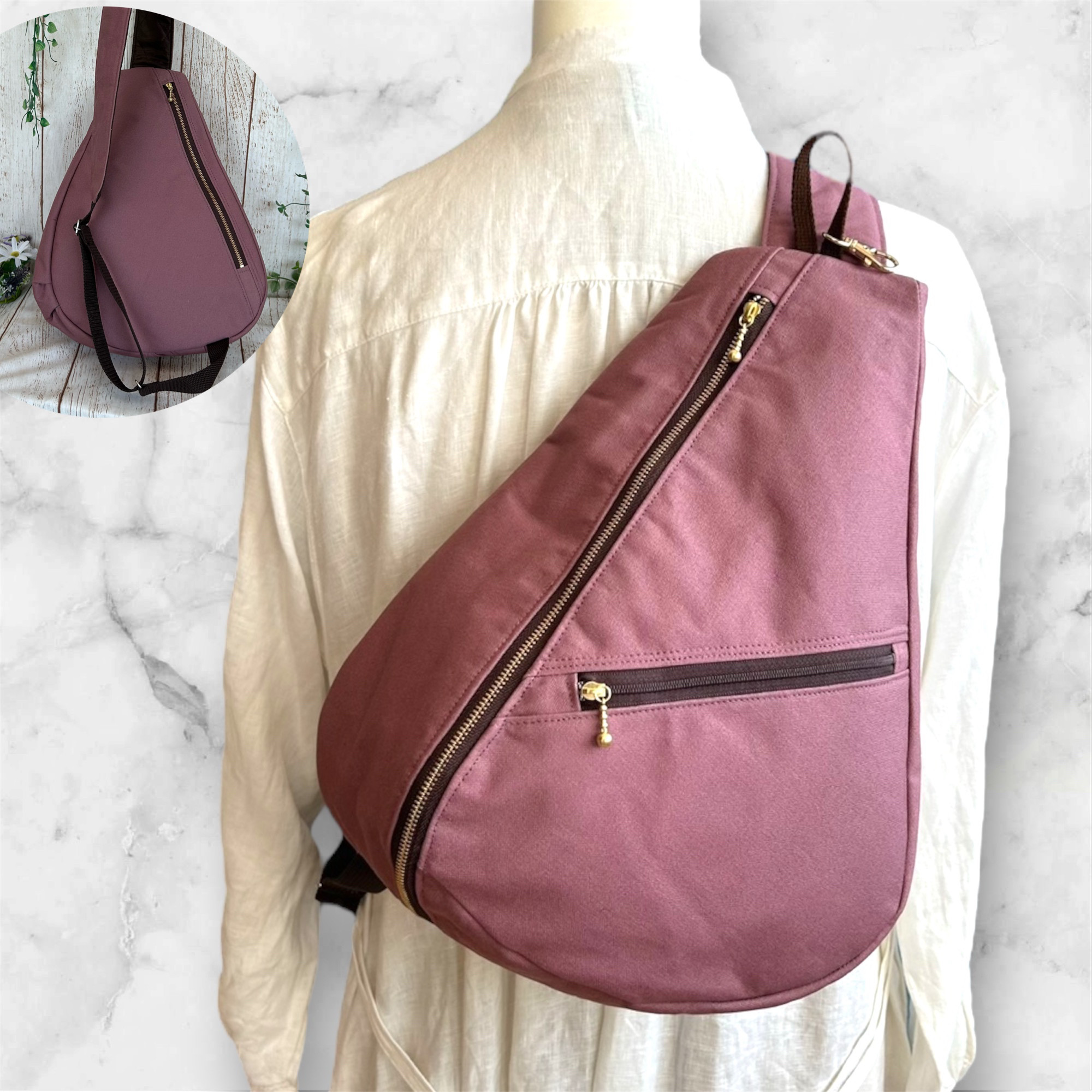 軽量　背面ファスナーポケット付き　しずく型 ワンショルダーバック ボディーバック　長さ調節可能 帆布　スモーキーパープル