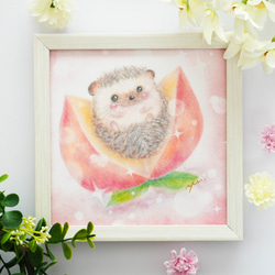【複製画】「ハリ桃ちゃん」　パステルアート　ハリネズミ　ピーチ　動物　かわいい　ピンク　フルーツ　イラスト 1枚目の画像