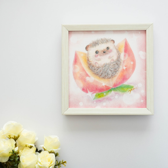 【複製画】「ハリ桃ちゃん」　パステルアート　ハリネズミ　ピーチ　動物　かわいい　ピンク　フルーツ　イラスト 3枚目の画像