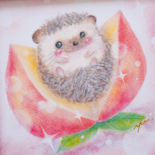 複製画】「ハリ桃ちゃん」 パステルアート ハリネズミ ピーチ もも  