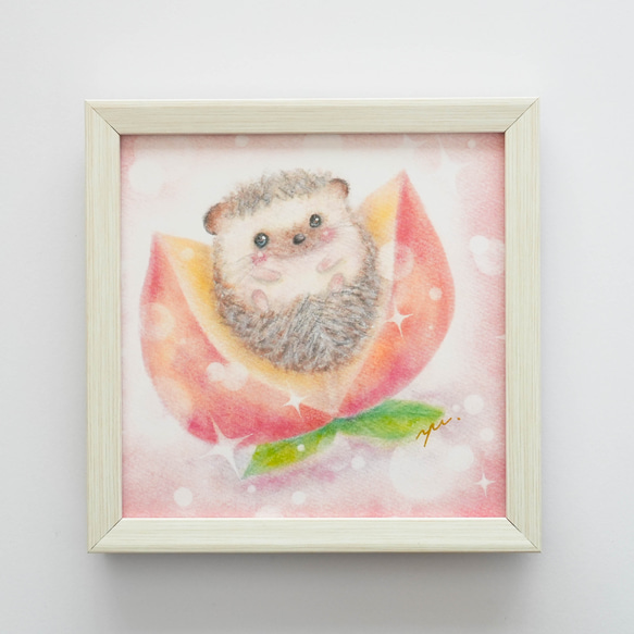 【複製画】「ハリ桃ちゃん」　パステルアート　ハリネズミ　ピーチ　動物　かわいい　ピンク　フルーツ　イラスト 5枚目の画像