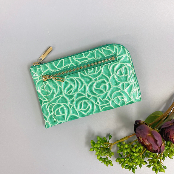 薄くて軽いL字長財布 24枚カードポケット エナメルローズ ／ グリーン 10枚目の画像