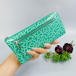 薄くて軽いL字長財布 24枚カードポケット エナメルローズ ／ グリーン 1枚目の画像