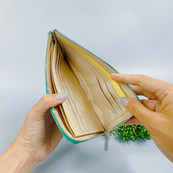 薄くて軽いL字長財布 24枚カードポケット エナメルローズ ／ グリーン 7枚目の画像