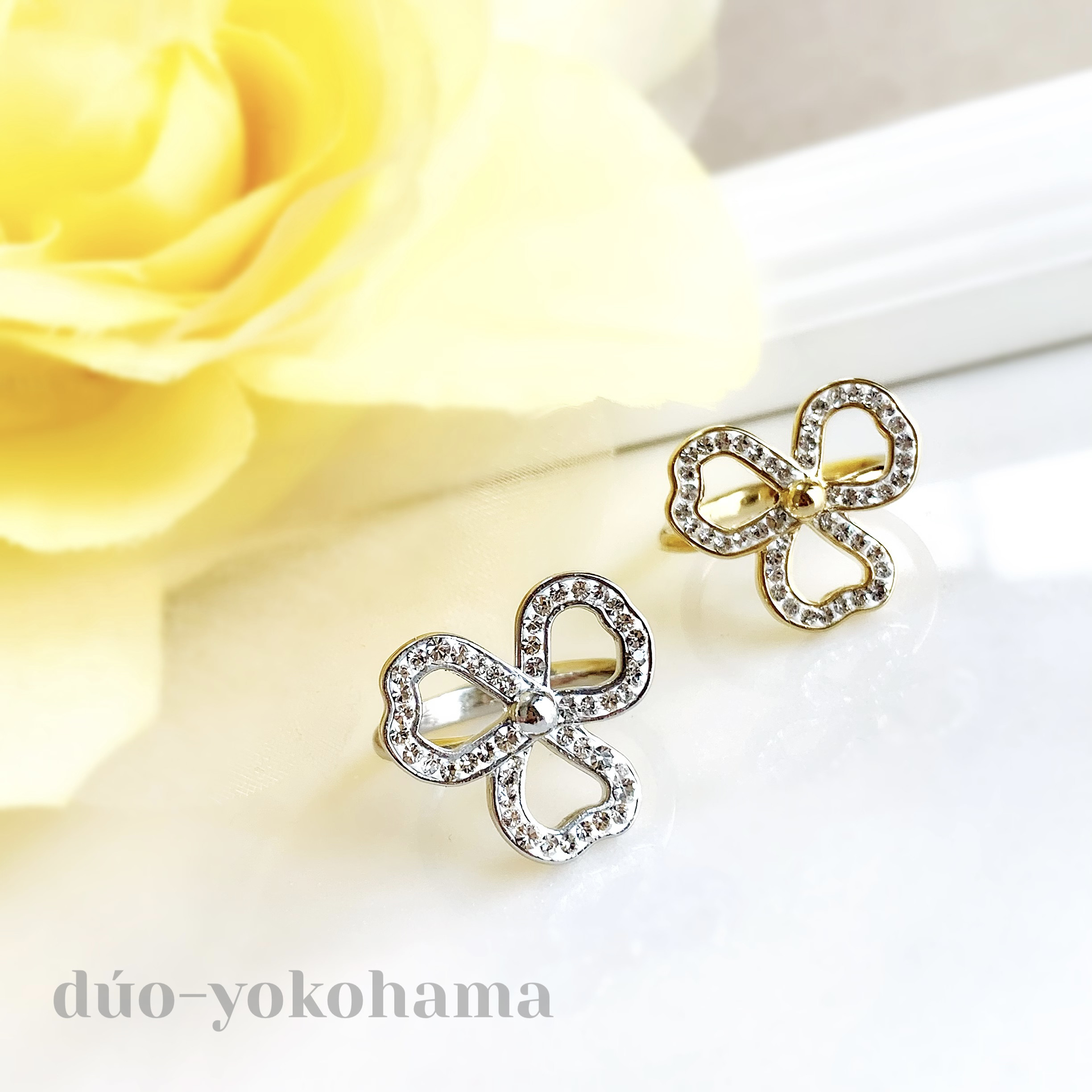 【送料無料】オープンフラワーリング スワロ ハンドメイド フリーサイズ　花リング　クリスタル