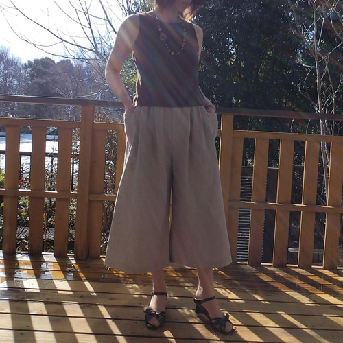 受注【綿麻】タックロングキュロット ゆったりガウチョパンツ L-80