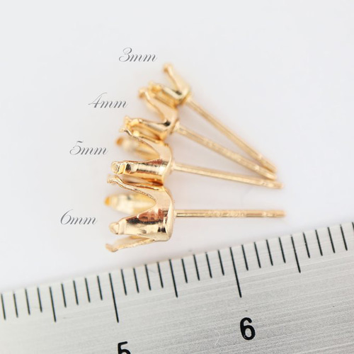 14KGF 真鍮製 4本爪 6mm 空枠 ピアスポスト 1ペア アメリカ直輸入 金具