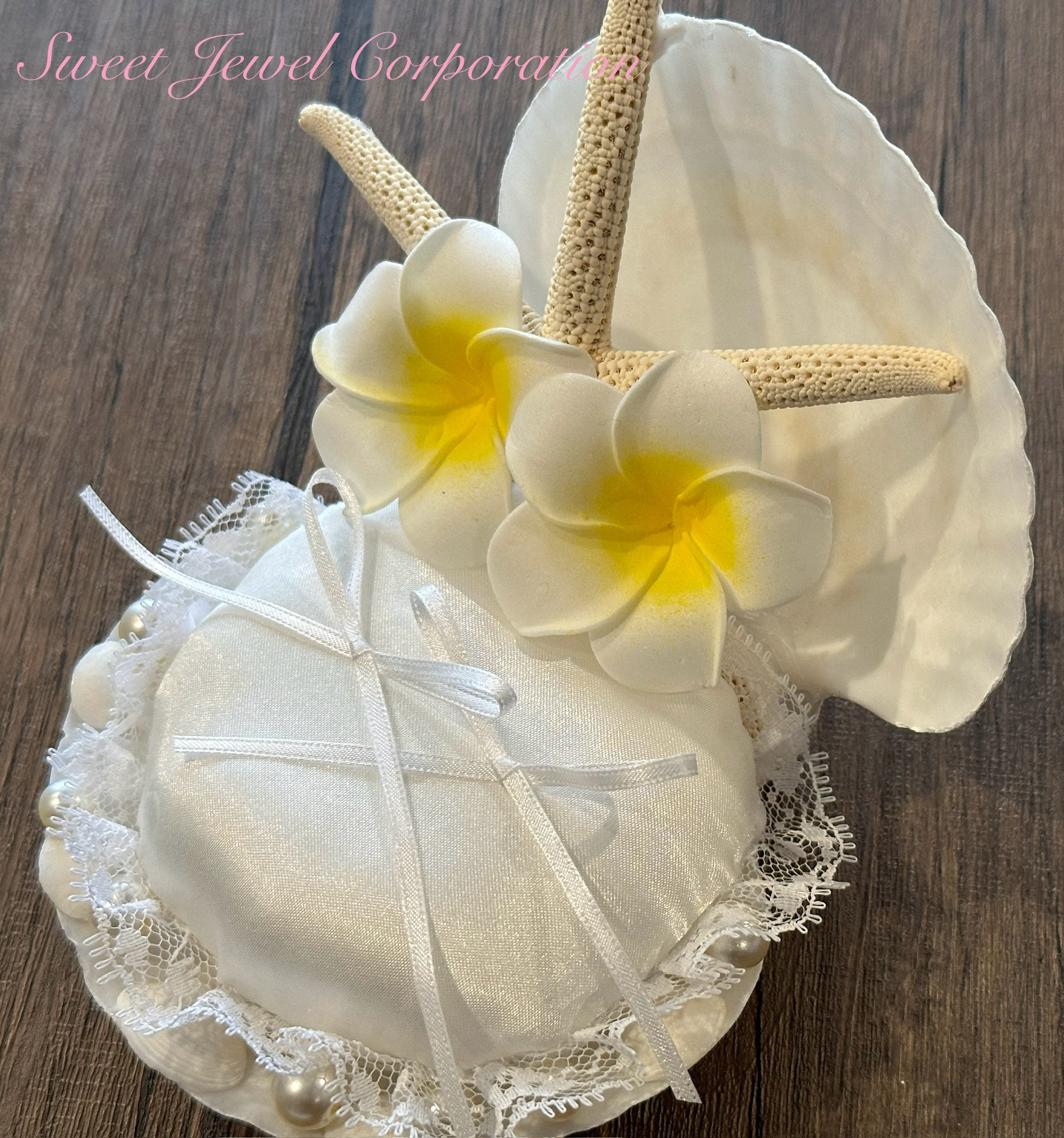 送料無料 貝殻のリングピロー・クッション＆プルメリア