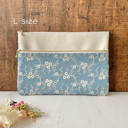 Lサイズ A5 母子手帳ケース フラットポーチ アンティークブルー 花柄