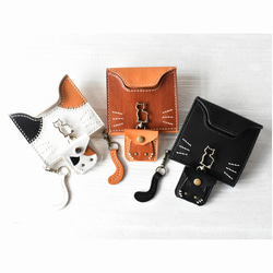 (名入れ可・色変更可)キャッチャー　財布　ハンドメイド　レザー　クラフト 名入れ】【革にゃんこ】カードが入る小さな革財布&ちびネコインケース