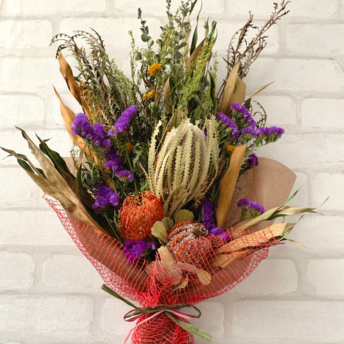 秋 ドライフラワーのスワッグ、バンクシア、壁飾り、花束、ピン  