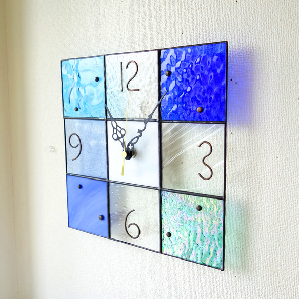 24㎝角-ステンドグラスの掛時計・モザイク24（青色系/イメージは海）※受注制作 6枚目の画像
