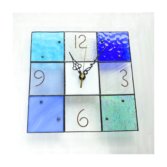 24㎝角-ステンドグラスの掛時計・モザイク24（青色系/イメージは海）※受注制作 3枚目の画像