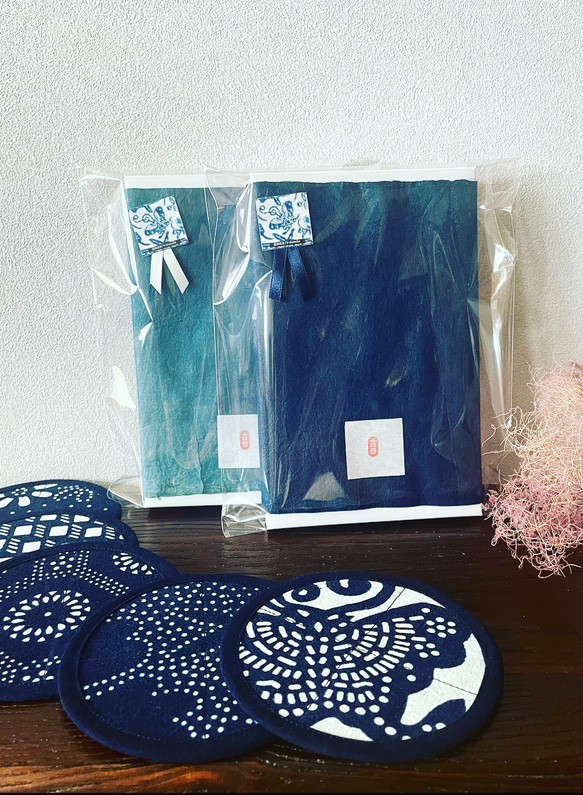 natural indigo dye 【型染め（藍染）コースター5枚セット】伝統工芸品 8枚目の画像