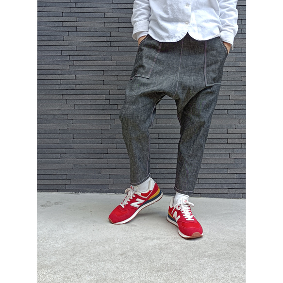 【岡山デニム】ライトオンス　サルエルデニムパンツ　インディゴ　選べるポケット・サイズ　軽量 4枚目の画像