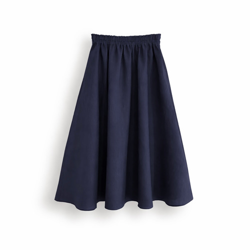 丈が選べる ギャザーフレア ロングスカート｜リネン100%_Navy ロング