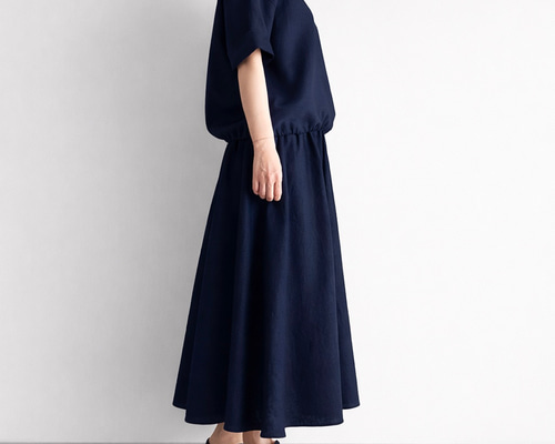 丈が選べる ギャザーフレア ロングスカート｜リネン100%_Navy ロング