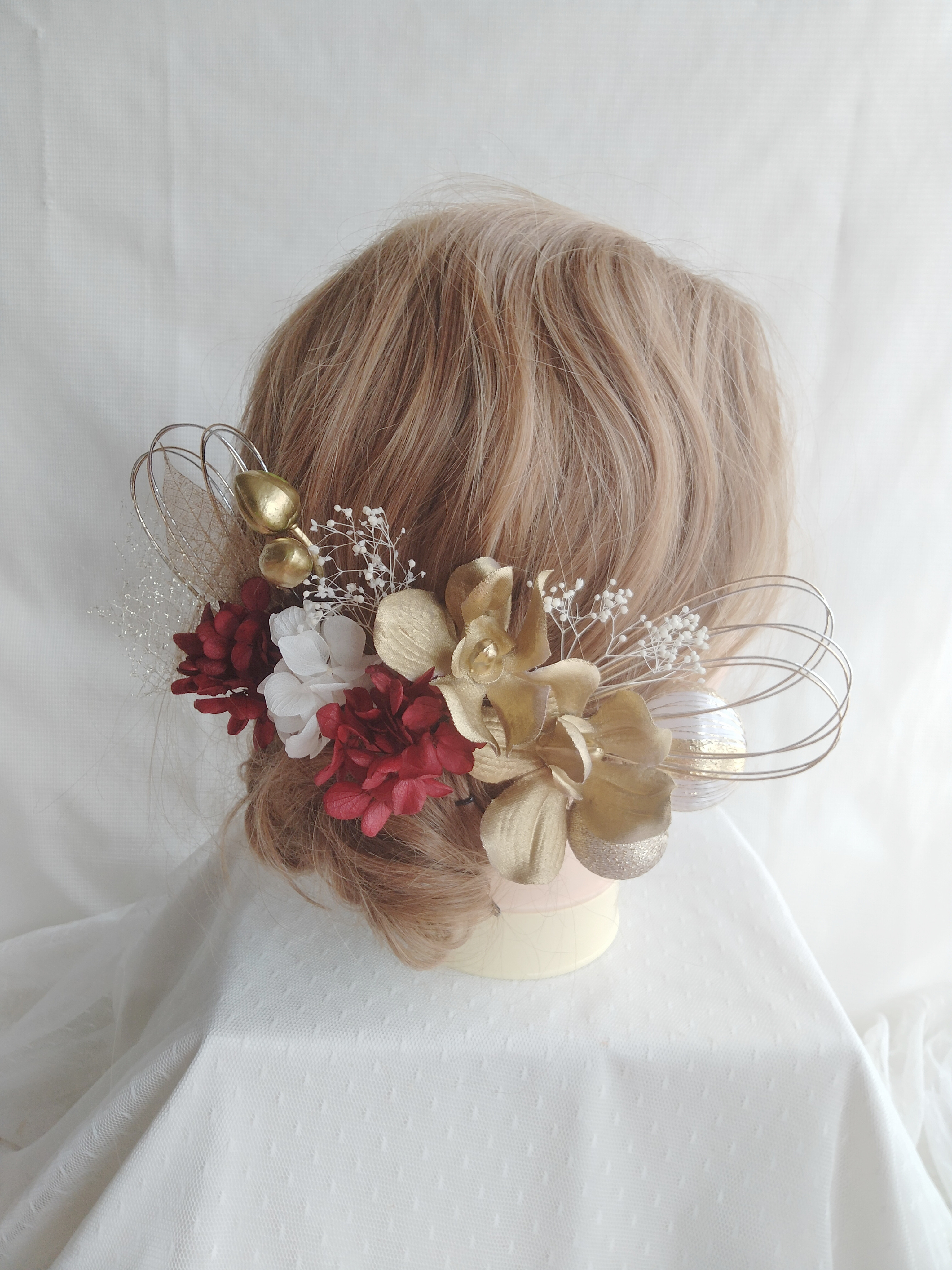 F3  ドライフラワー　和玉　水引　成人式髪飾り　成人式　卒業式　結婚式　ゴールド　赤　レッド　白　洋ラン　蘭