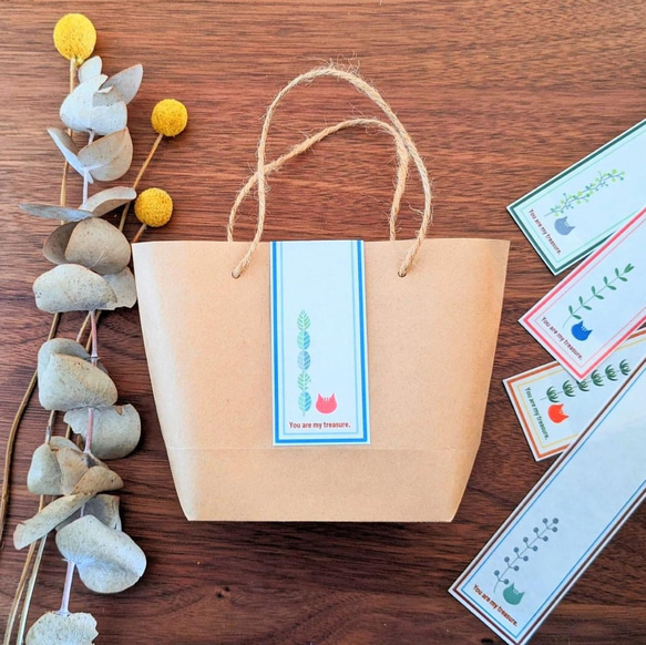 ギフト用ミニ紙袋　〘for you〙シ-ル付き シンプルなクラフト紙のミニ紙袋5枚セット【ねこと植物の封印シール ラッピング・包装