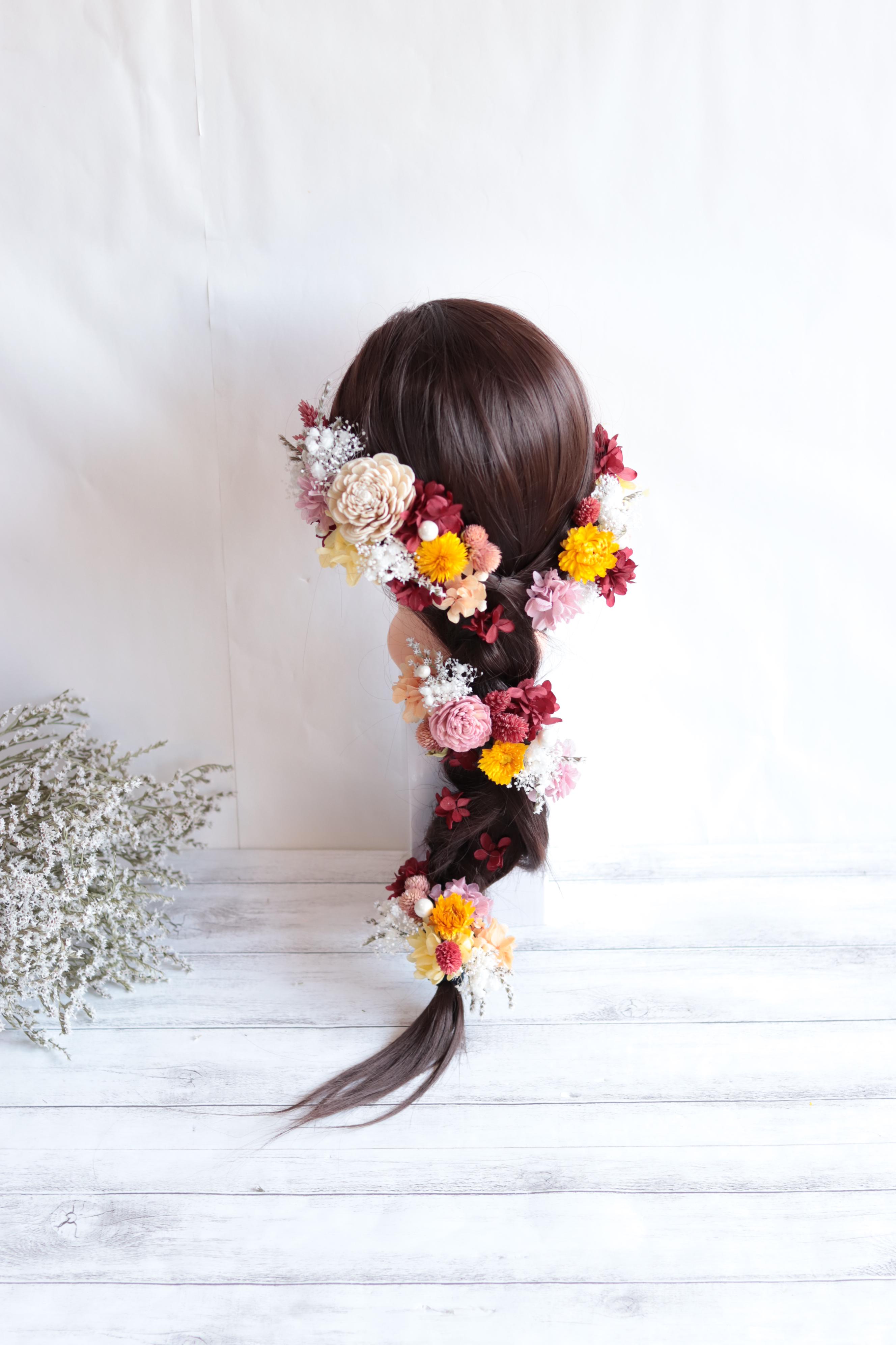 ボルドー&モーニングイエローとパールのヘッドドレス＊プリザーブドフラワー&ドライフラワー＊カラーオーダーＯＫ