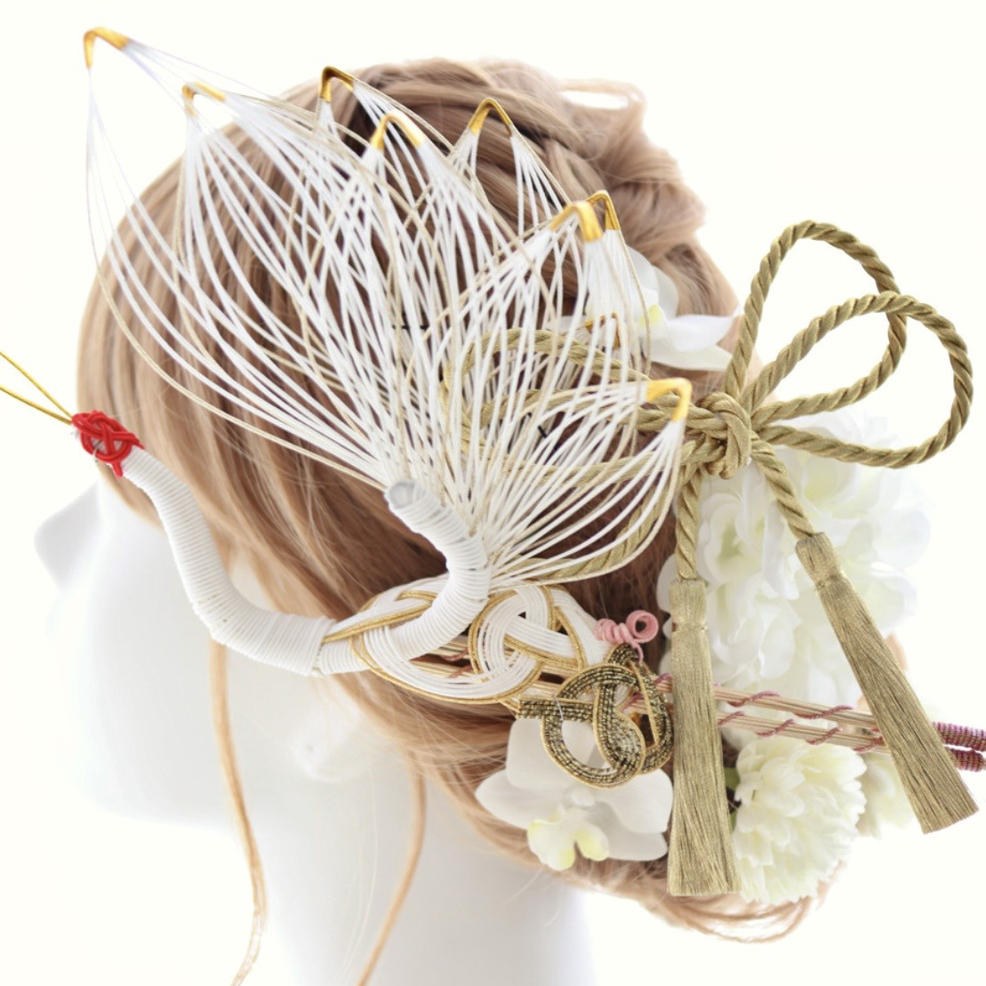 髪飾り　鶴　水引　白　ダリア　蘭　菊　結婚式　ウェディング　和装婚　和婚　白無垢　打掛け　成人式　卒業式　ヘッドドレス