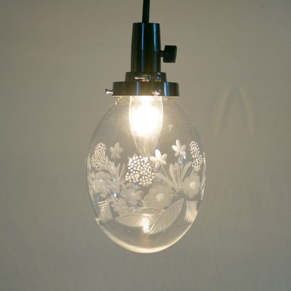 切子ガラスシェードペンダントライト　タマゴ型　盛花切子　キーソケット器具