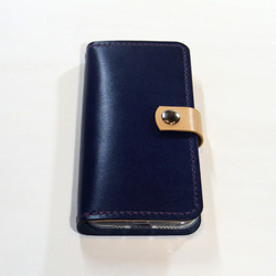 スナップボタン留め牛革レザーケース iPhone,Android 多機種制作 スマホケース 手帳型 ネイビーブルー 紺色 3枚目の画像