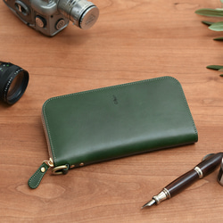 イタリア製総本革 長財布 ラウンドファスナー Lサイズ 緑 グリーン