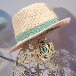 hat for woman手工鉤針編織草帽遮陽帽拉菲亞草帽米色女帽婦人帽子情侶帽茶花生日禮物交換禮物母親節禮物有時尚有形 第8張的照片