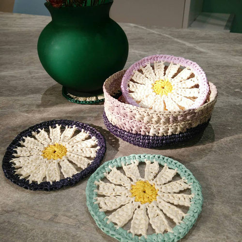手作りかぎ針編みラフィアフラワーコースターセットギフトお土産家庭