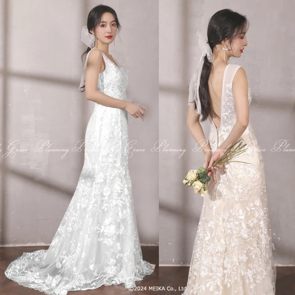 人気 ウェディングドレス ベージュ マーメイド トレーン スレンダー