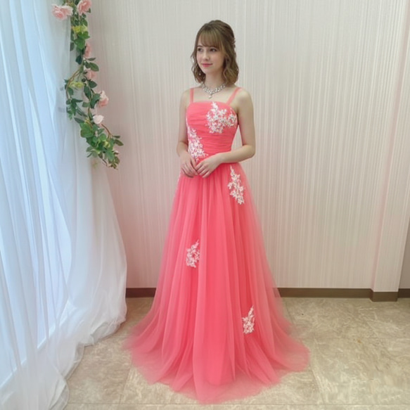 カラードレス 11号 サーモンピンク 肩紐つき 背中編み上げ