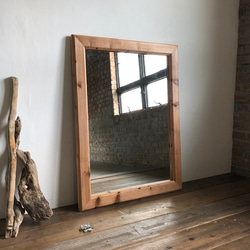 オールドチーク材の壁掛け鏡 60cm × 40cm 木製フレーム 無垢材 オールドチーク材のミラー 60cm×40cm アンティークグリーン 緑色