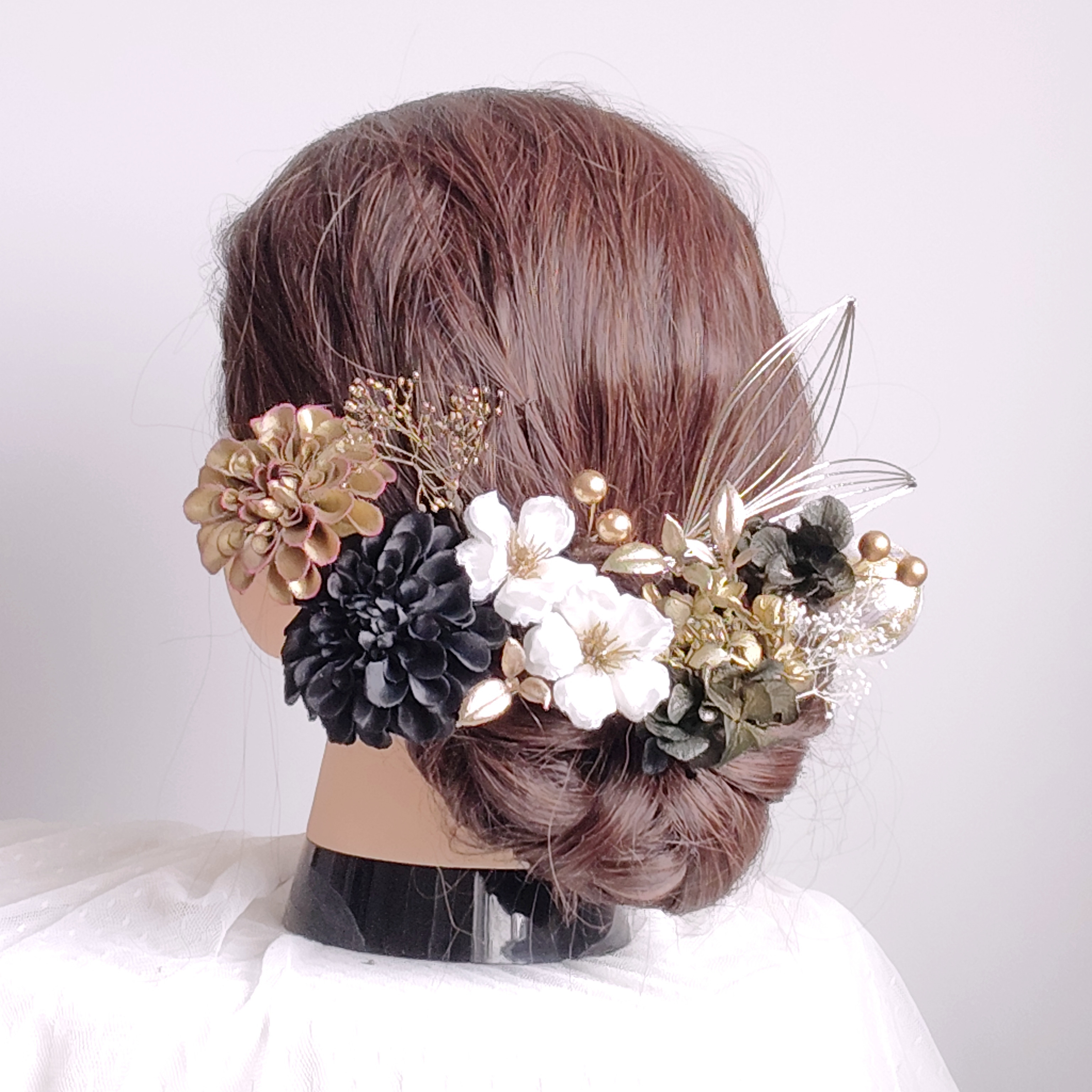 上品丸菊と林檎の花の髪飾り　 ゴールドベージュ　黒白金　水引 　髪飾り　 ヘッドドレス　 ヘアアクセサリー　前撮り