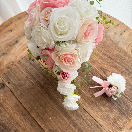 琴羽＊様ご確認用＊白とピンクのバラのキャスケードブーケ＊お花 琴羽＊様ご確認用＊白とピンクのバラのキャスケードブーケ＊お花