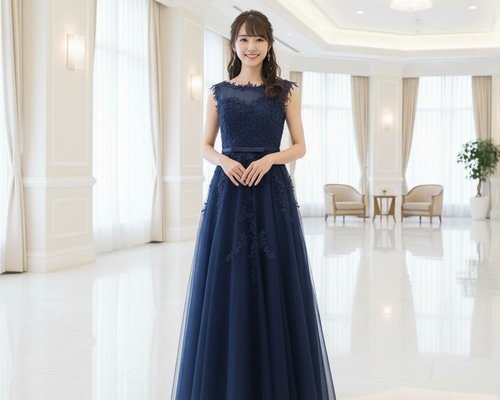 人気カラードレス 青 紺 ノースリーブ 背中ファスナー